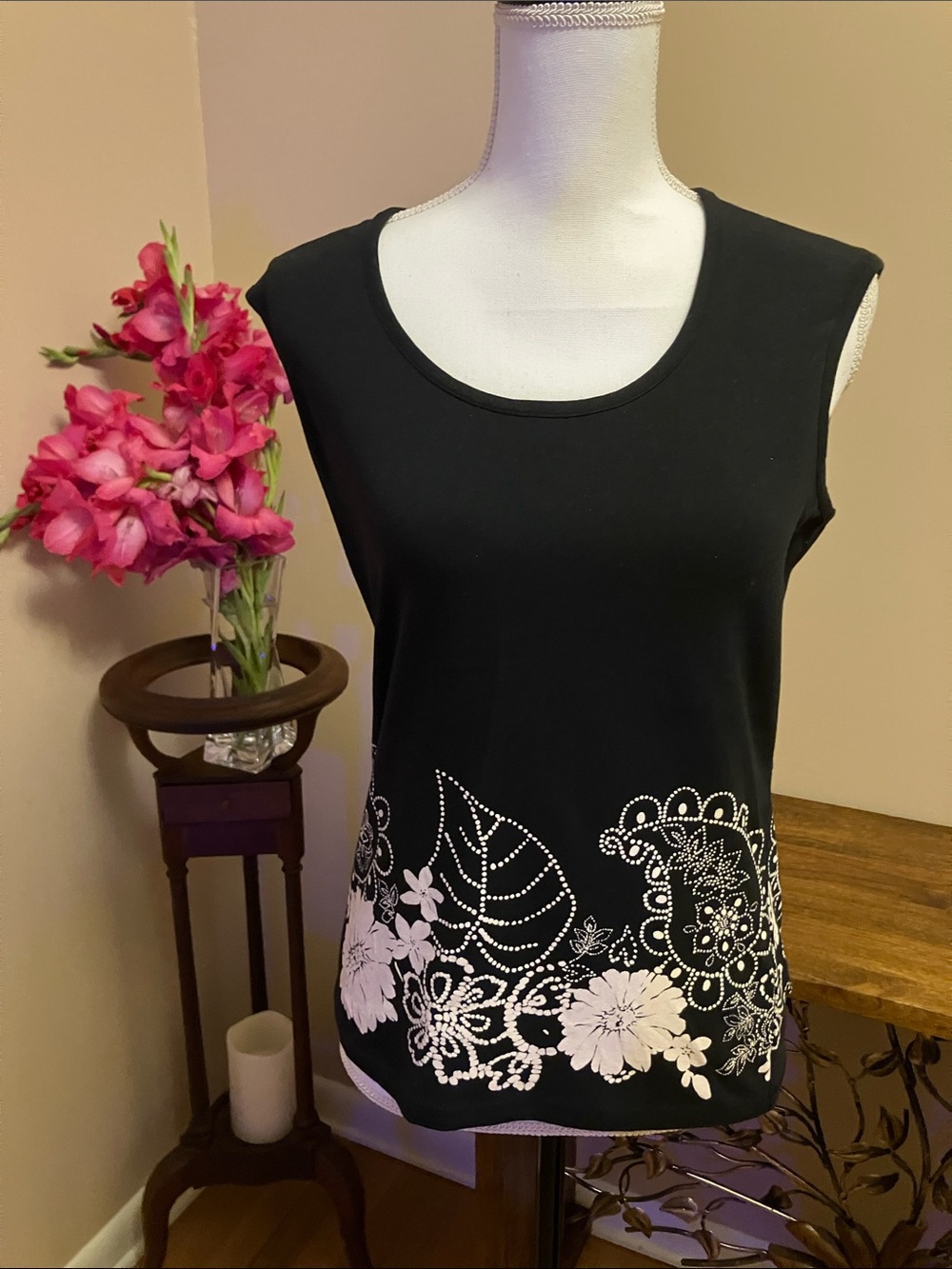 Ann Taylor Black Tank with CreamFloral Border